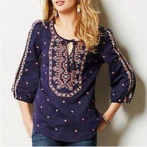 Anthropologie Embellished Navy Peasant Blouse